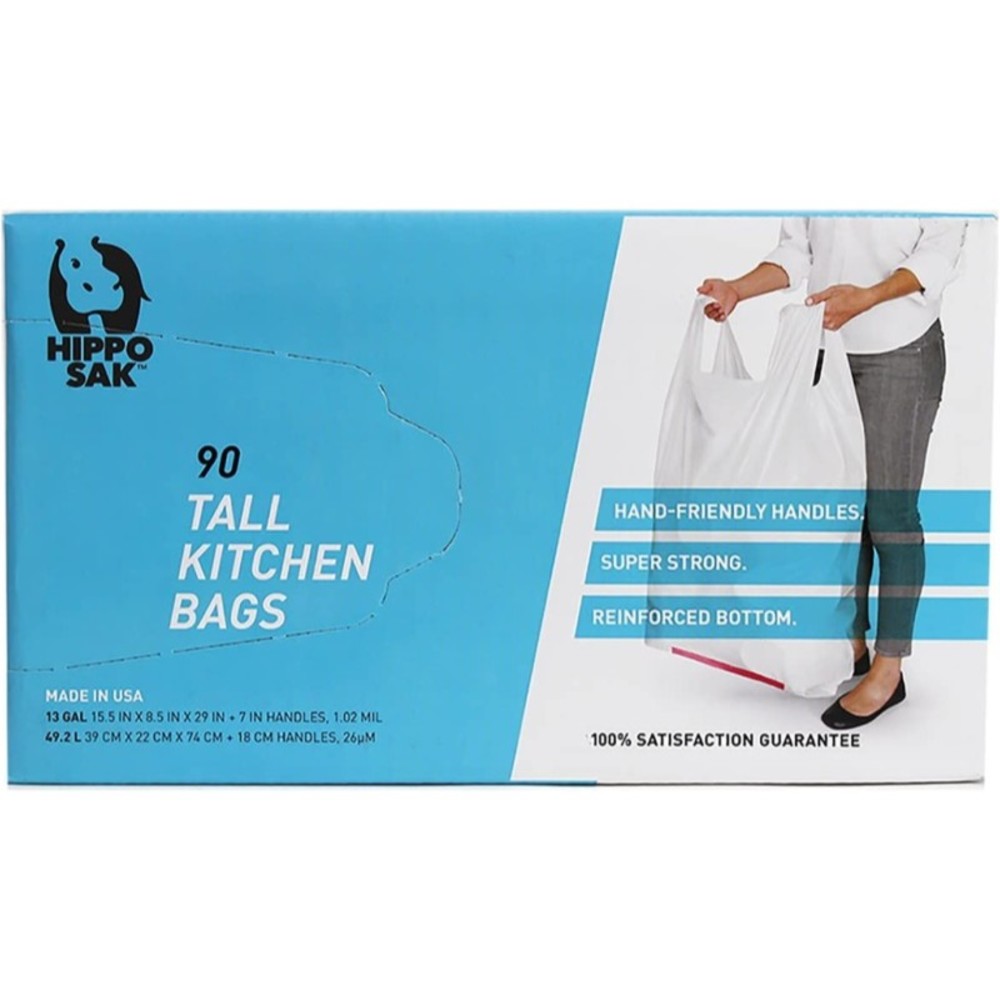 90 Count Trash Bags W/ Handles 13 Gallon Tall Kitchen Bag Durable Hippo Sak